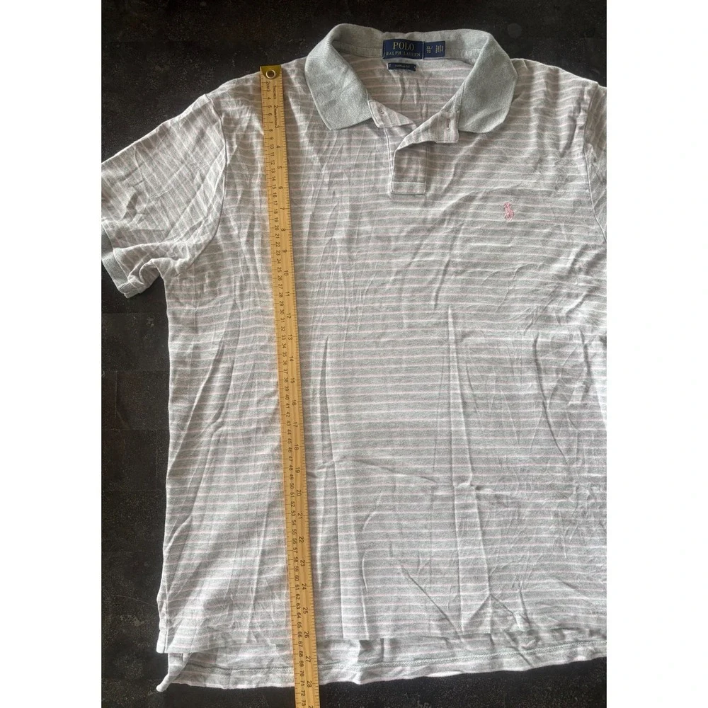 Polo Ralph Lauren Mens XL Custom Fit Gray Pink Striped Short Sleeve Polo Shirt